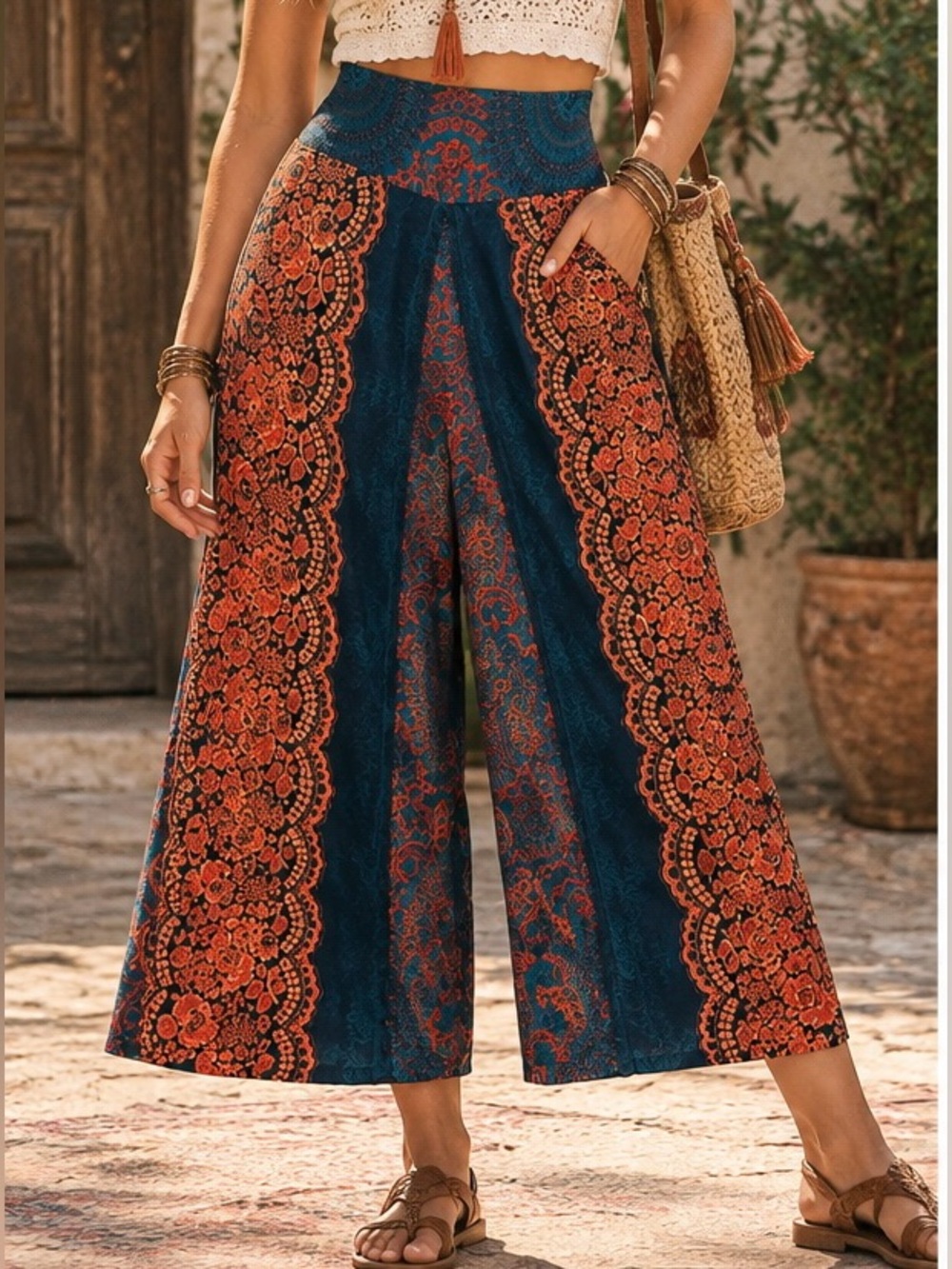 1 World Trading Gaucho Mandela Wide-Leg Printed Palazzo Pants Teal and Orange